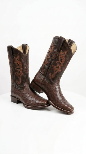 Men’s Brown Square Toe Ostrich Boots, Exotic Western Cowboy Dress Boots