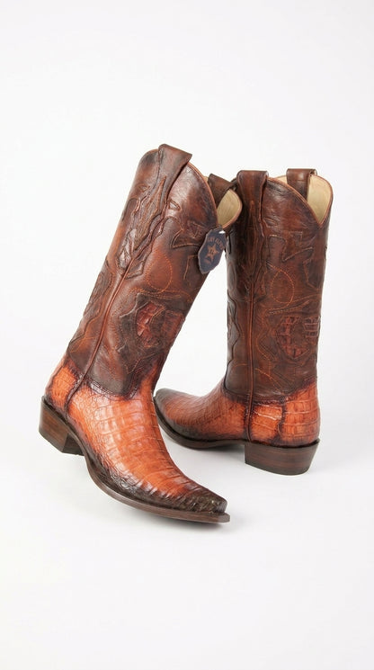 Los Altos Men’s Faded Cognac Caiman Snip Toe Cowboy Boots, Exotic Western Dress Boots
