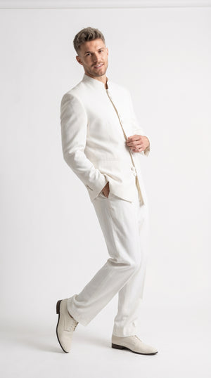 Men’s Ivory Cream Mandarin Collar 2 Piece Suit, Off White Banded Collar Formal Wedding Church Suit