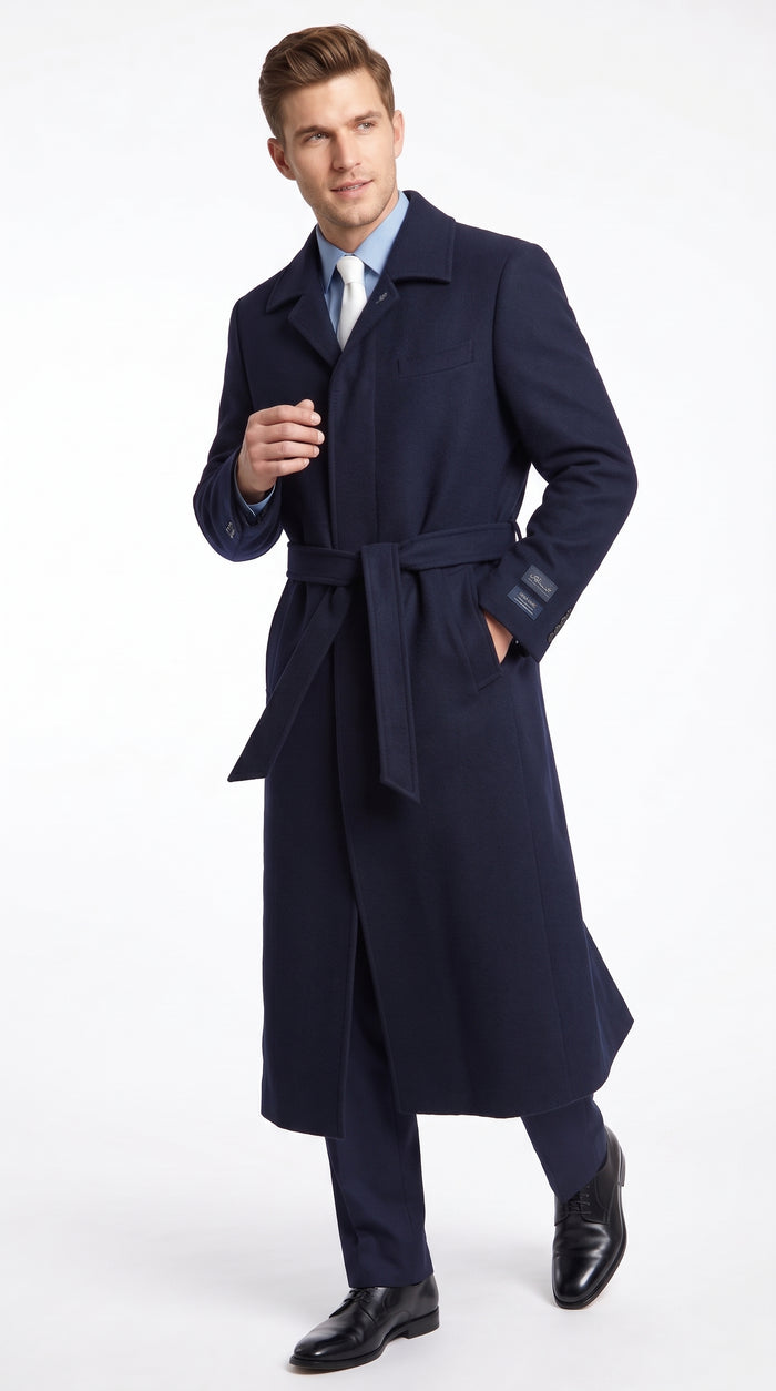 Men's Navy Blue Full Length Belted Overcoat – Classic Long Winter Dress Coat with Waist Belt