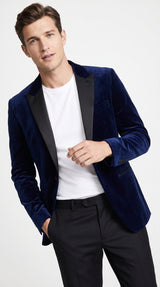 Men’s Navy Blue Velvet Tuxedo Jacket with Black Satin Lapel, Formal Sport Coat Dinner Blazer