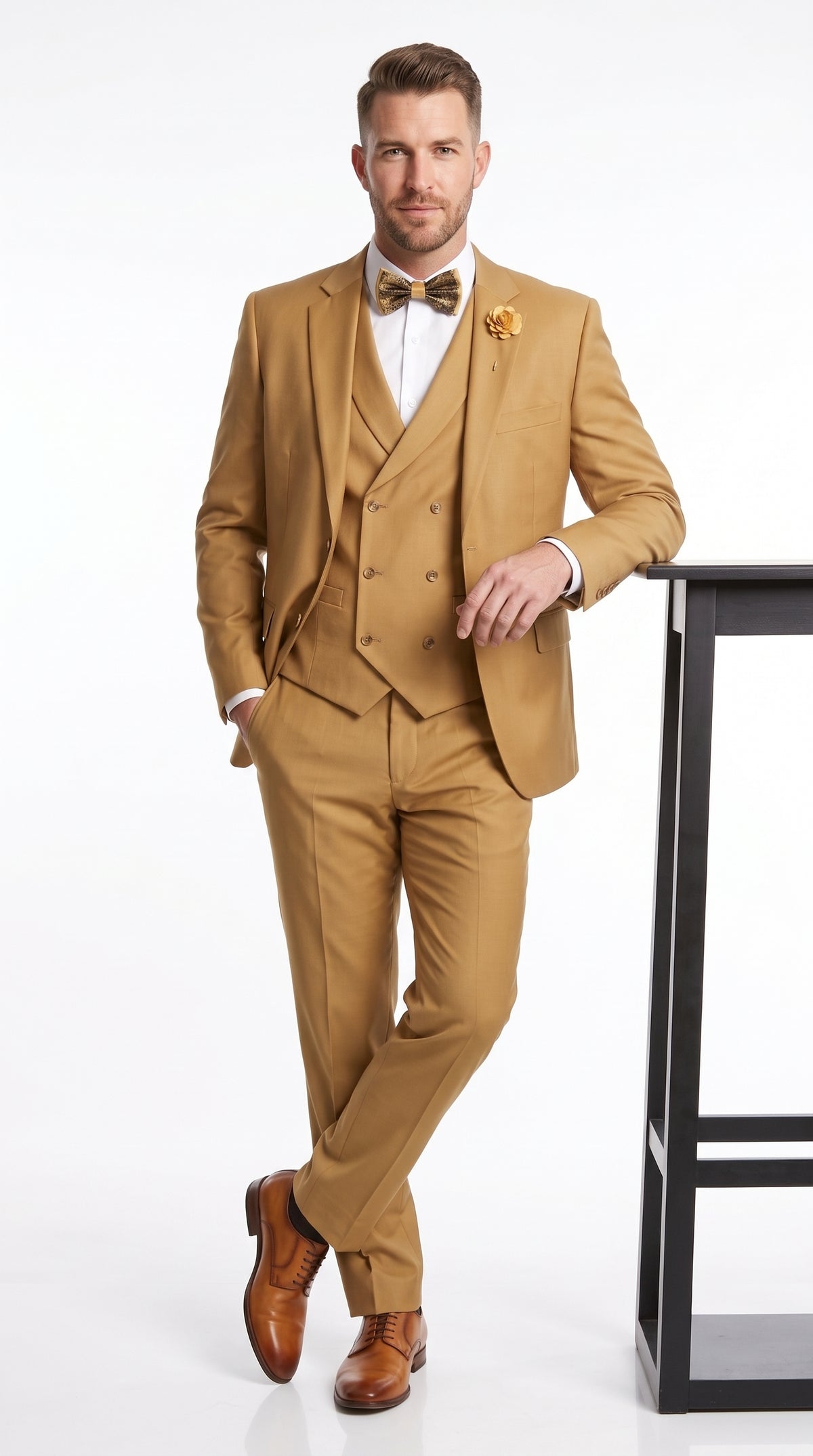 Men’s Camel Classic Fit 3 Piece Suit, Vested Formal Wedding Prom Suit with Knee Lined Pants