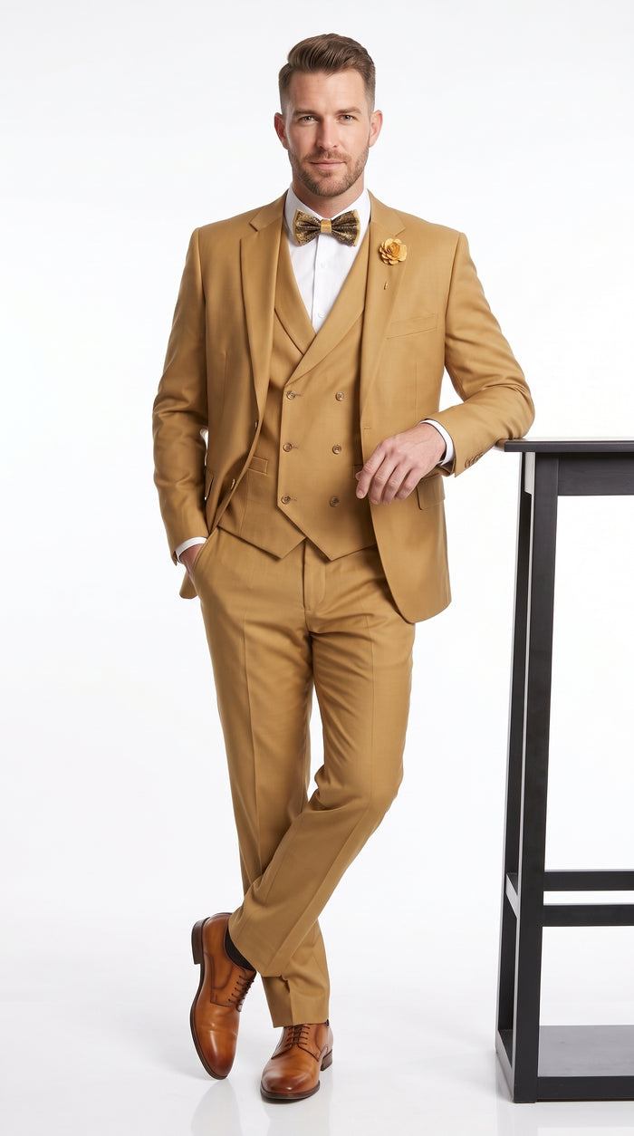 Men’s Camel Classic Fit 3 Piece Suit, Vested Formal Wedding Prom Suit with Knee Lined Pants