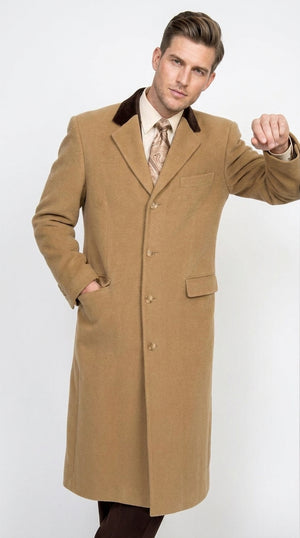Men’s Camel Chesterfield Overcoat with Brown Velvet Collar, Full Length Cashmere Style Dress Coat
