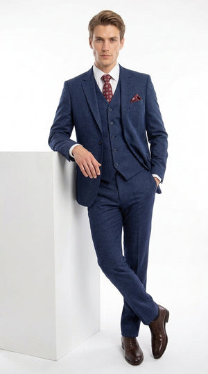 Men's Zegarie Designer Indigo Blue Wool 3-Piece Suit – Modern Fit 2 Button Vested Wedding & Business Suit