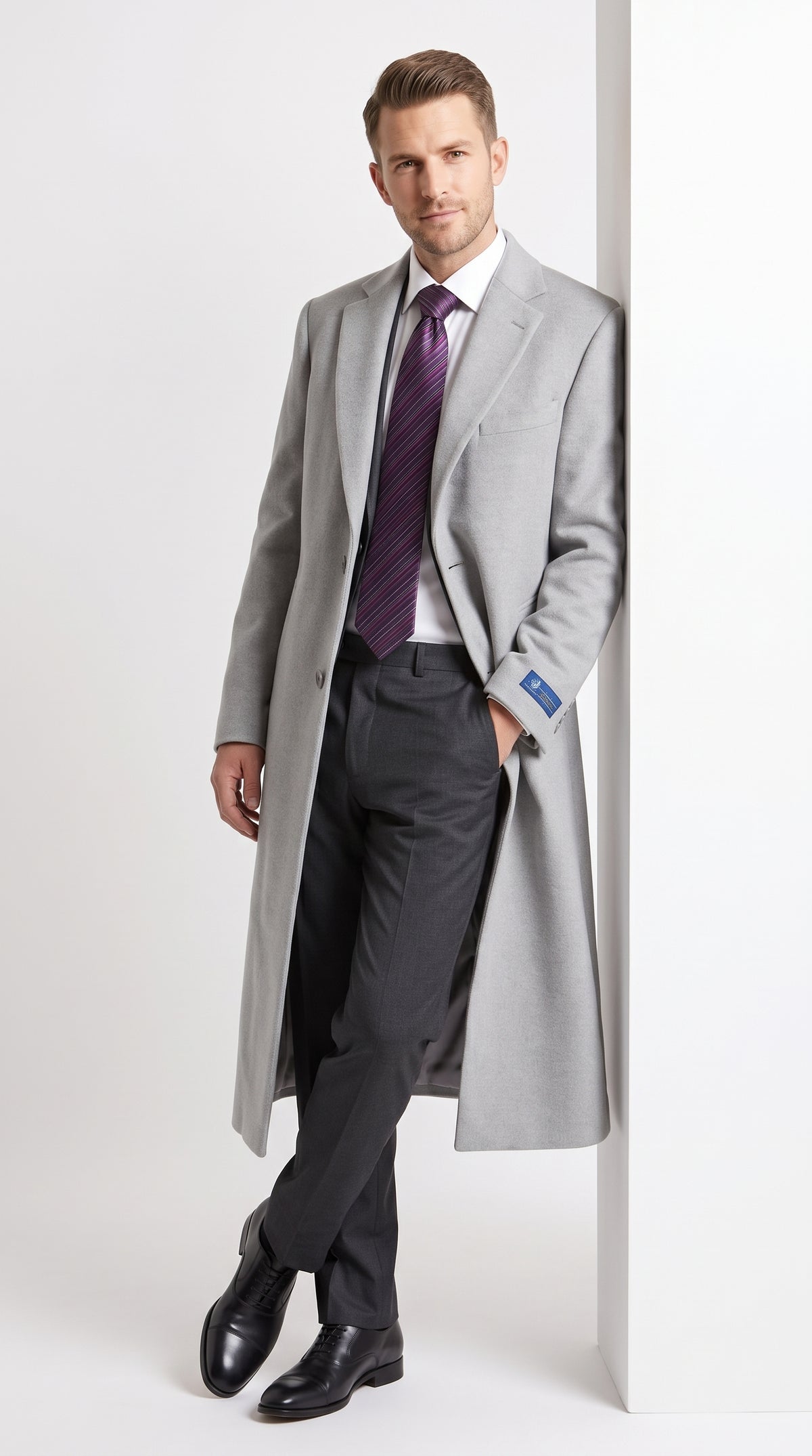 Men’s Gray Two Button Long Overcoat, Winter Dress Topcoat Formal Coat
