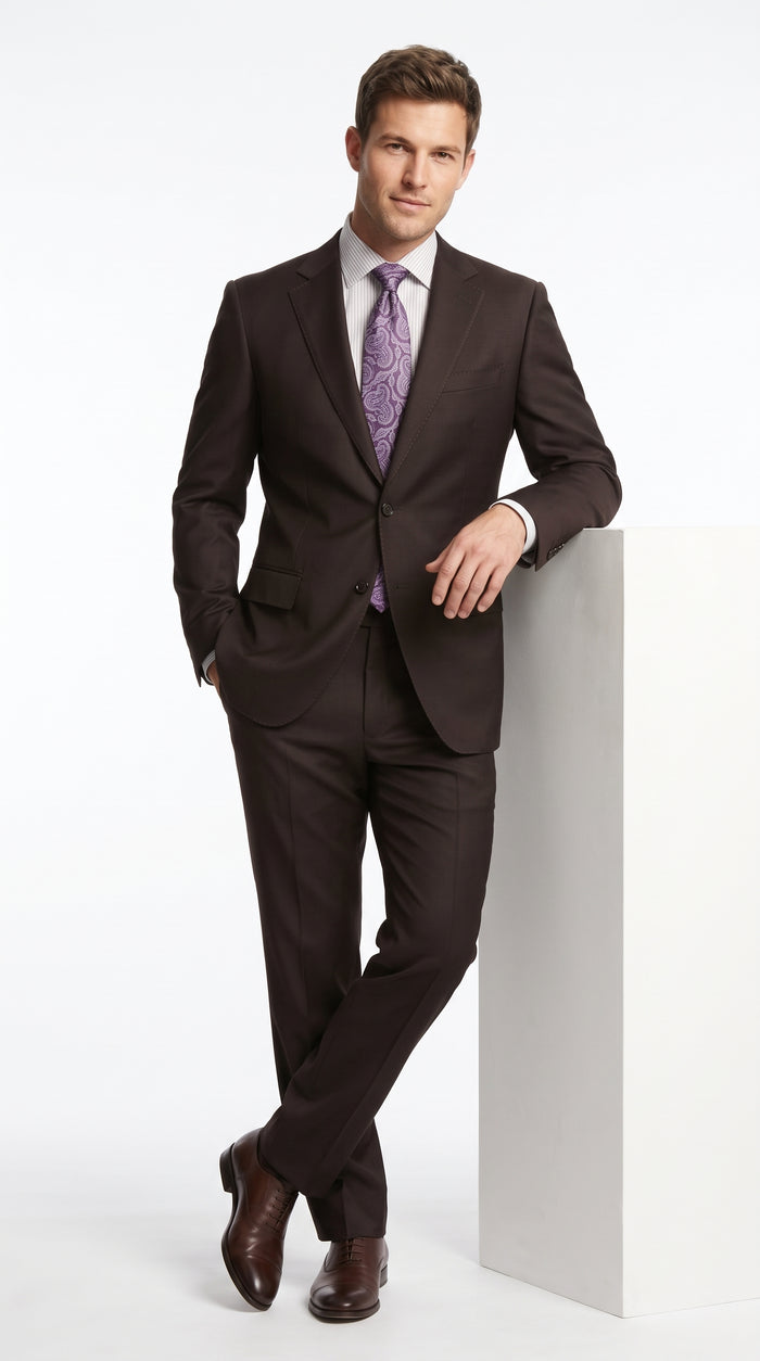 Men’s Brown Super 150s 2 Piece Suit, Classic 2 Button Formal Wedding Business Suit