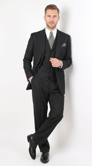 Men's Black 100% Worsted Wool 3-Piece Suit – Classic Fit Vested Business Formal Suit with Pleated Pants