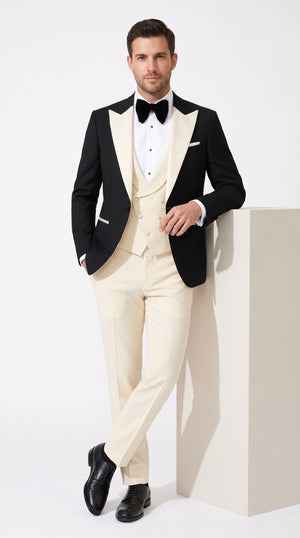 Men’s Black and Ivory 3 Piece Tuxedo Suit, Wide Ivory Peak Lapel Wedding Prom Formal Suit with Matching Vest