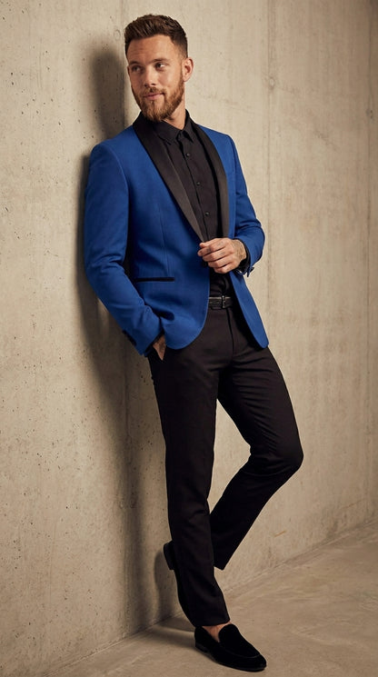 Men’s Blue 1 Button Blazer Jacket with Black Pants, Formal Party Wedding Dress Suit