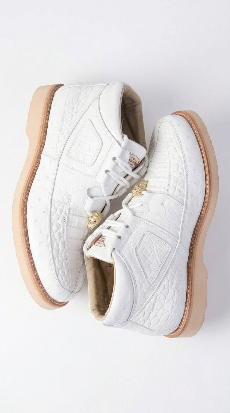 Los Altos Men’s White Caiman and Ostrich Skin Casual Sneakers, Exotic Leather Lace Up Shoes