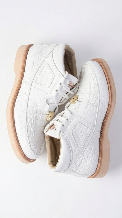Los Altos Men’s White Caiman and Ostrich Skin Casual Sneakers, Exotic Leather Lace Up Shoes