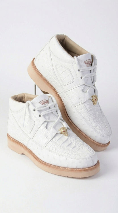 Los Altos Men’s White Caiman and Ostrich Skin Casual Sneakers, Exotic Leather Lace Up Shoes