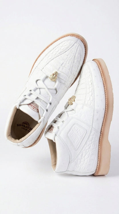 Los Altos Men’s White Caiman and Ostrich Skin Casual Sneakers, Exotic Leather Lace Up Shoes