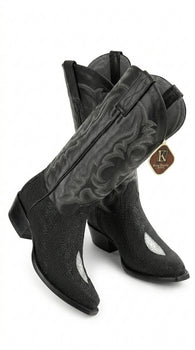 Men’s King Exotic Black Stingray Snip Toe Boots, Single Stone Handmade Western Dress Boots