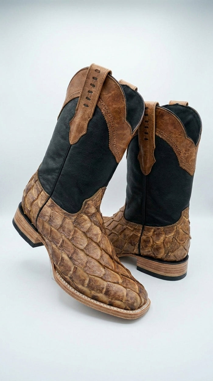 Men’s Arena Pirarucu Fish Skin Rodeo Toe Cowboy Boots, Exotic Western Dress Boots