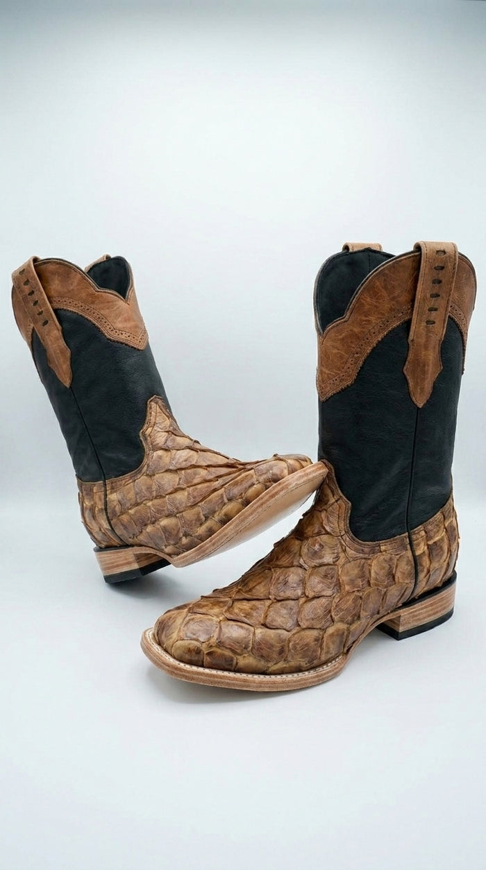 Men’s Arena Pirarucu Fish Skin Rodeo Toe Cowboy Boots, Exotic Western Dress Boots