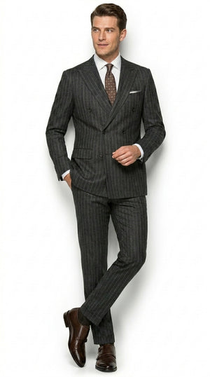 Men’s Grey Pinstripe Slim Fit Wool Suit with 2 Button Jacket and Peak Lapel