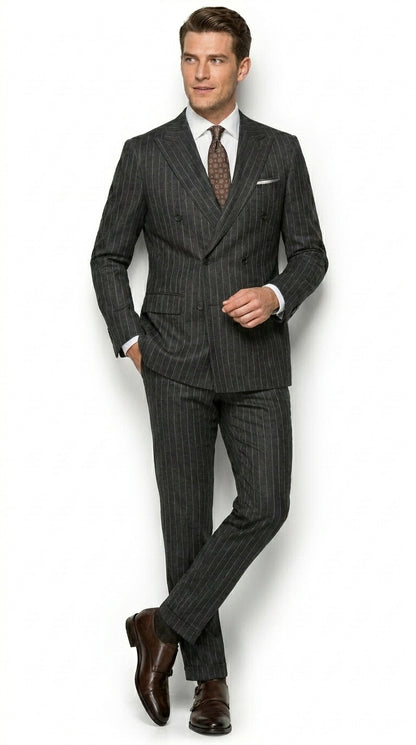 Men’s Grey Pinstripe Slim Fit Wool Suit with 2 Button Jacket and Peak Lapel