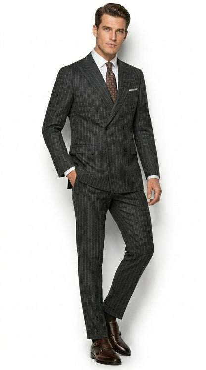 Men’s Grey Pinstripe Slim Fit Wool Suit with 2 Button Jacket and Peak Lapel