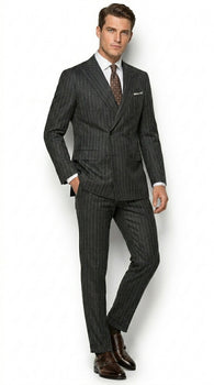 Men’s Grey Pinstripe Slim Fit Wool Suit with 2 Button Jacket and Peak Lapel