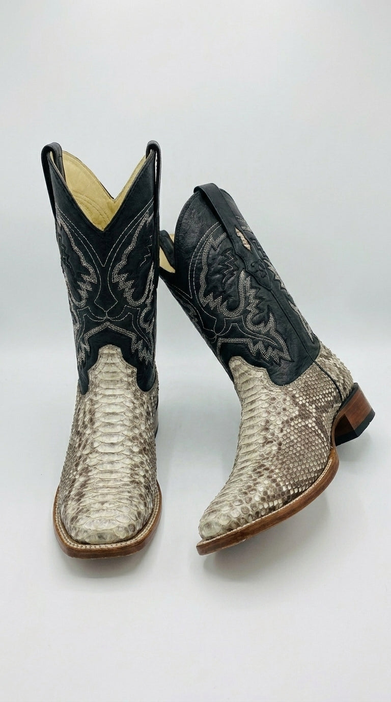 Men’s Natural Python Square Toe Boots, Exotic Western Cowboy Dress Boots
