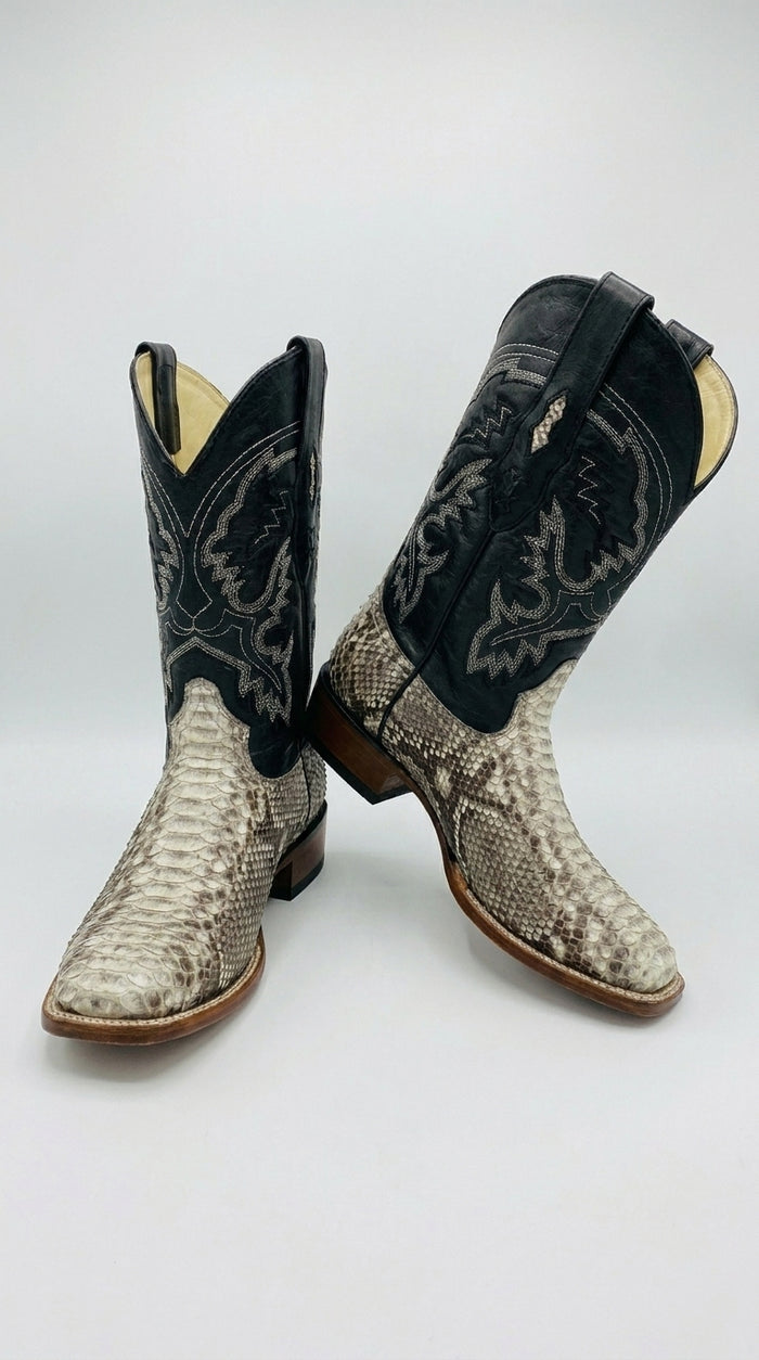 Men’s Natural Python Square Toe Boots, Exotic Western Cowboy Dress Boots