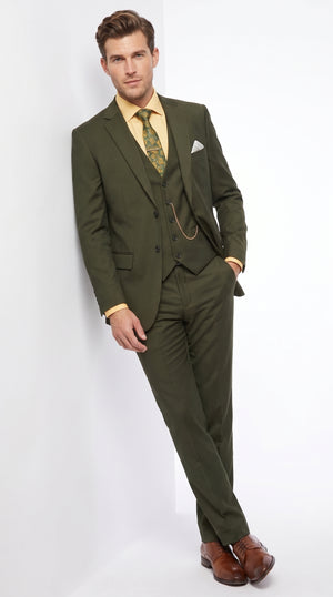 Men's Olive Green 3 Piece Suit – Classic Fit Vested Wedding, Business & Formal Suit with Flat Front Pants