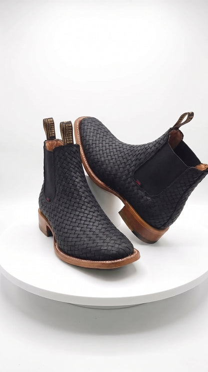 Besserro Men’s Black Petatillo Woven Leather Ankle Boots, Western Chelsea Style Square Toe Botines