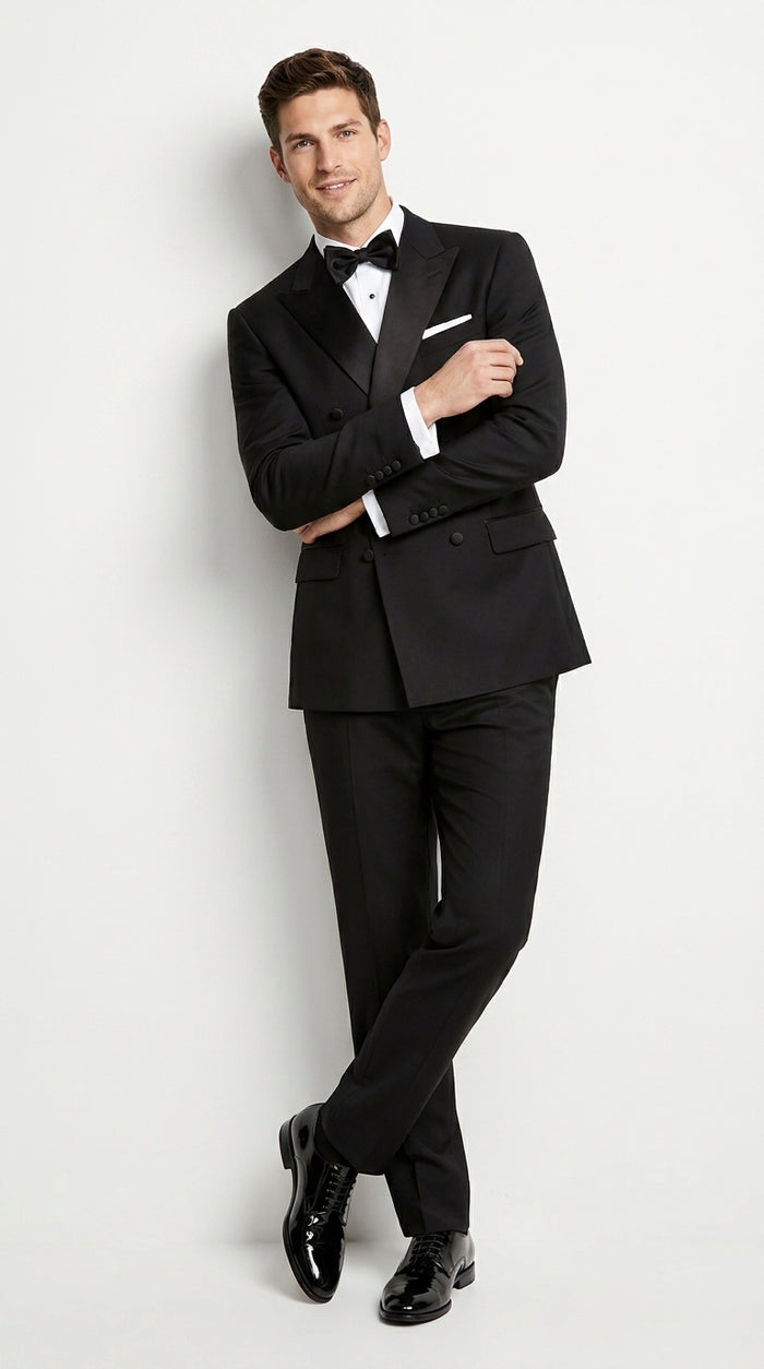 Men’s Black Double Breasted Tuxedo Suit with Jacket and Pants, Formal Wedding Prom Suit