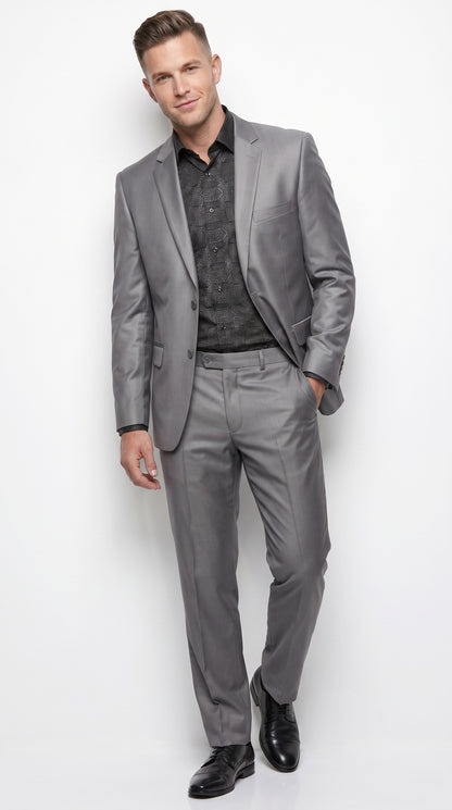 Men’s Silver Gray Shiny Sharkskin 2 Button Suit, Formal Wedding Business Dress Suit