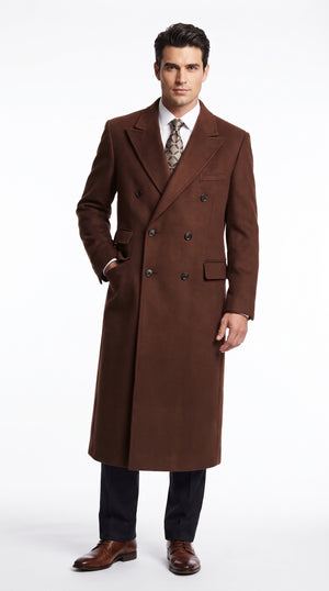 Men’s Dark Brown Double Breasted Long Overcoat, Classic 6 Button Fully Lined Formal Winter Dress Coat