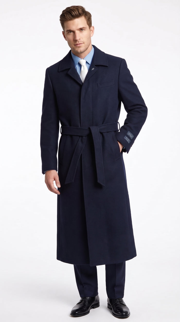 Men's Navy Blue Full Length Belted Overcoat – Classic Long Winter Dress Coat with Waist Belt