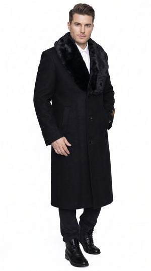 Men's Black 48-Inch Full-Length Overcoat with Faux Fur Collar – Classic Long Winter Dress Coat