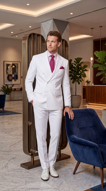 Apollo King Men’s White Double-Breasted Suit – Classic Luxury Wool-Feel Pleated Pants Suit