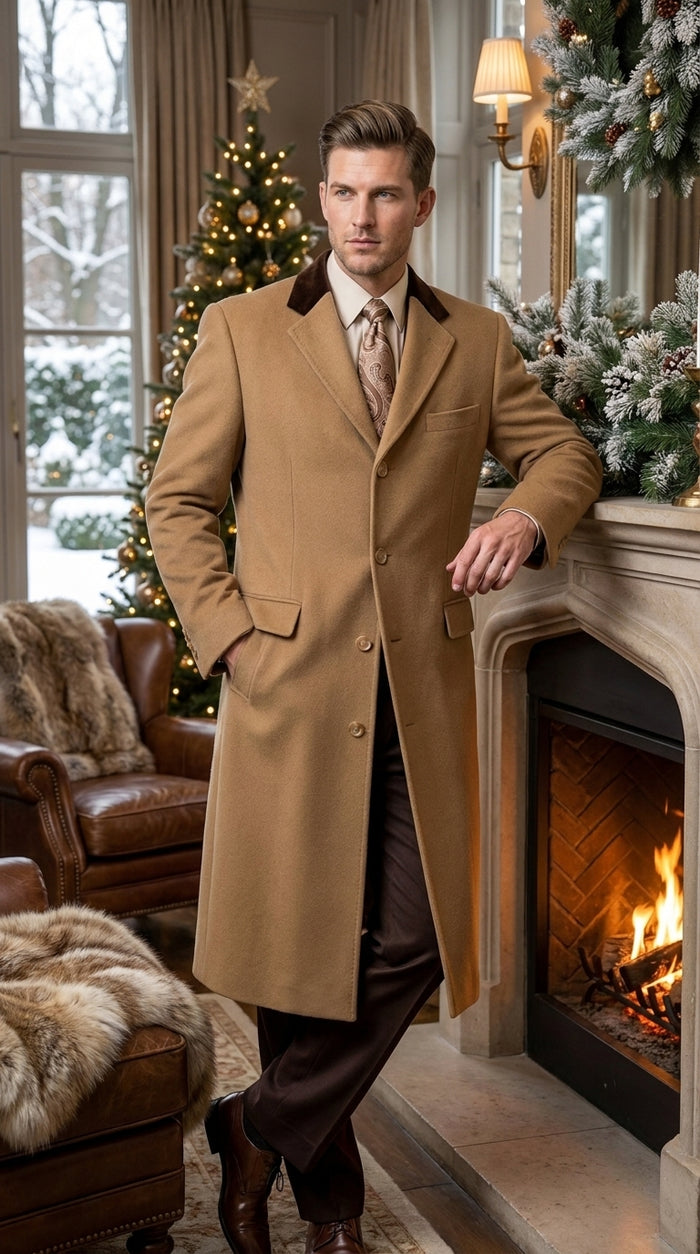 Men’s Camel Chesterfield Overcoat with Brown Velvet Collar, Full Length Cashmere Style Dress Coat