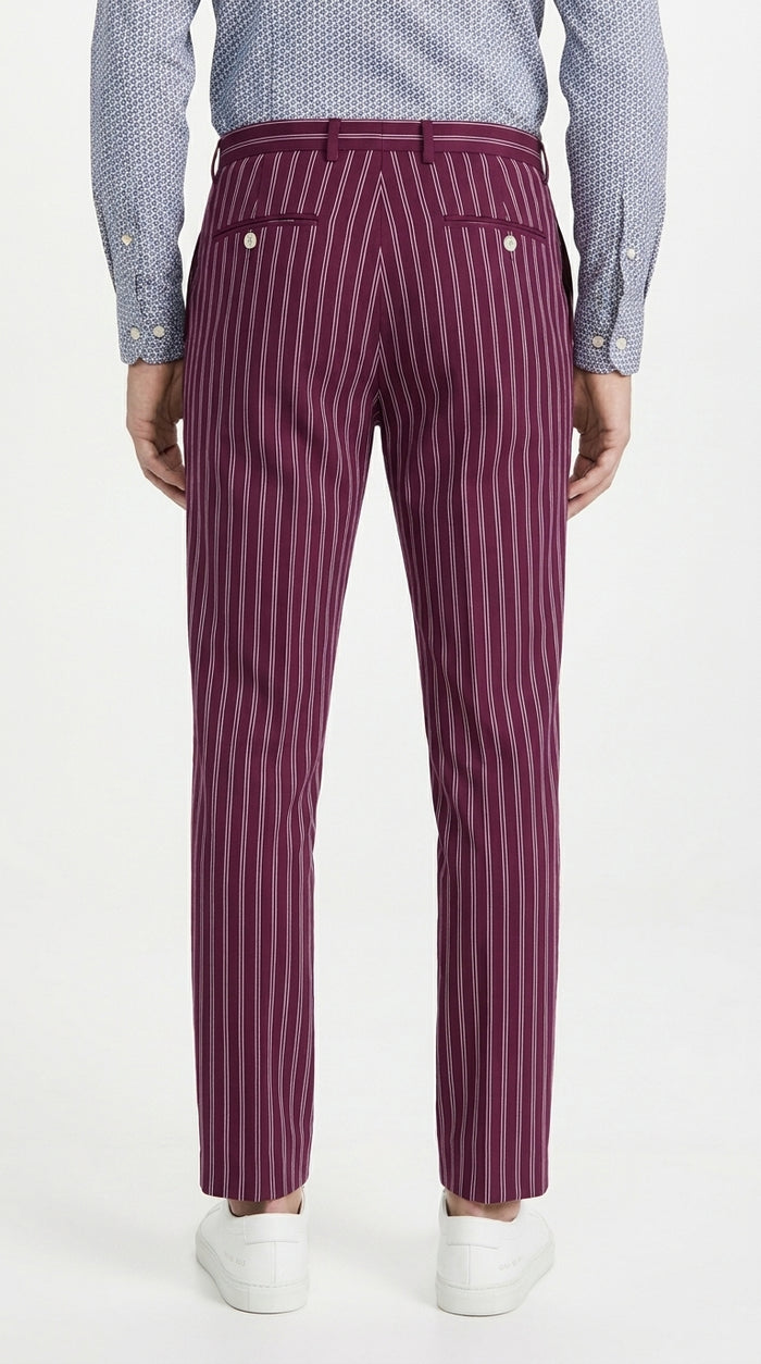 Men’s slacks Wine Ganagster Chalk Striped ~ Pinstripe 1920's Style Flat Front or  Pleated Pants Available In Big And Tall unhemmed unfinished bottom