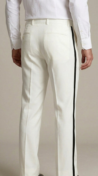 Men’s Ivory Tuxedo Pants with Black Satin Stripe, Flat Front Formal Dress Trousers
