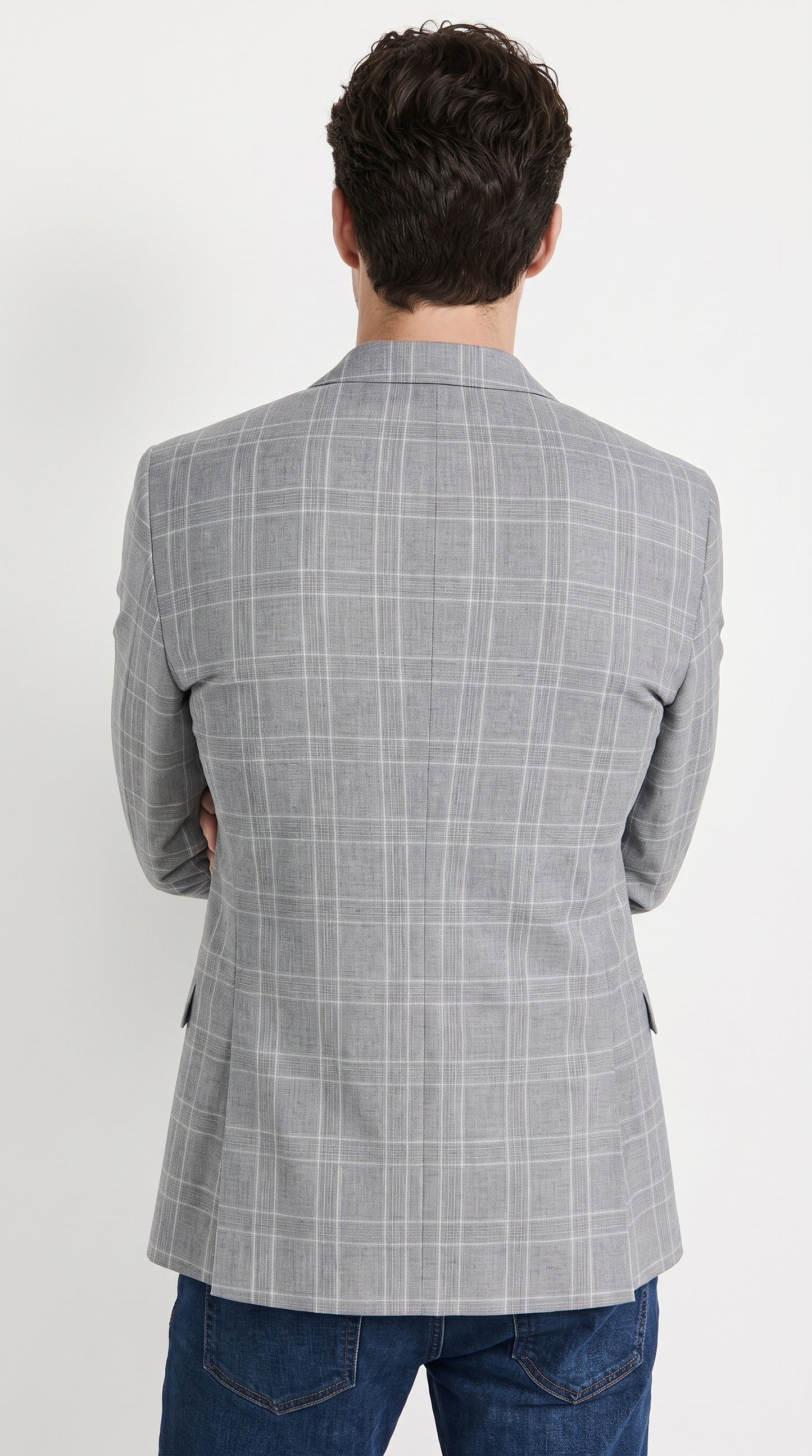 Men’s Light Grey Double Windowpane Plaid Western Blazer, Two Button Regular Fit Saco Vaquero Sport Coat