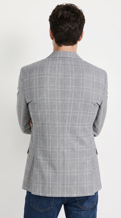 Men’s Light Grey Double Windowpane Plaid Western Blazer, Two Button Regular Fit Saco Vaquero Sport Coat
