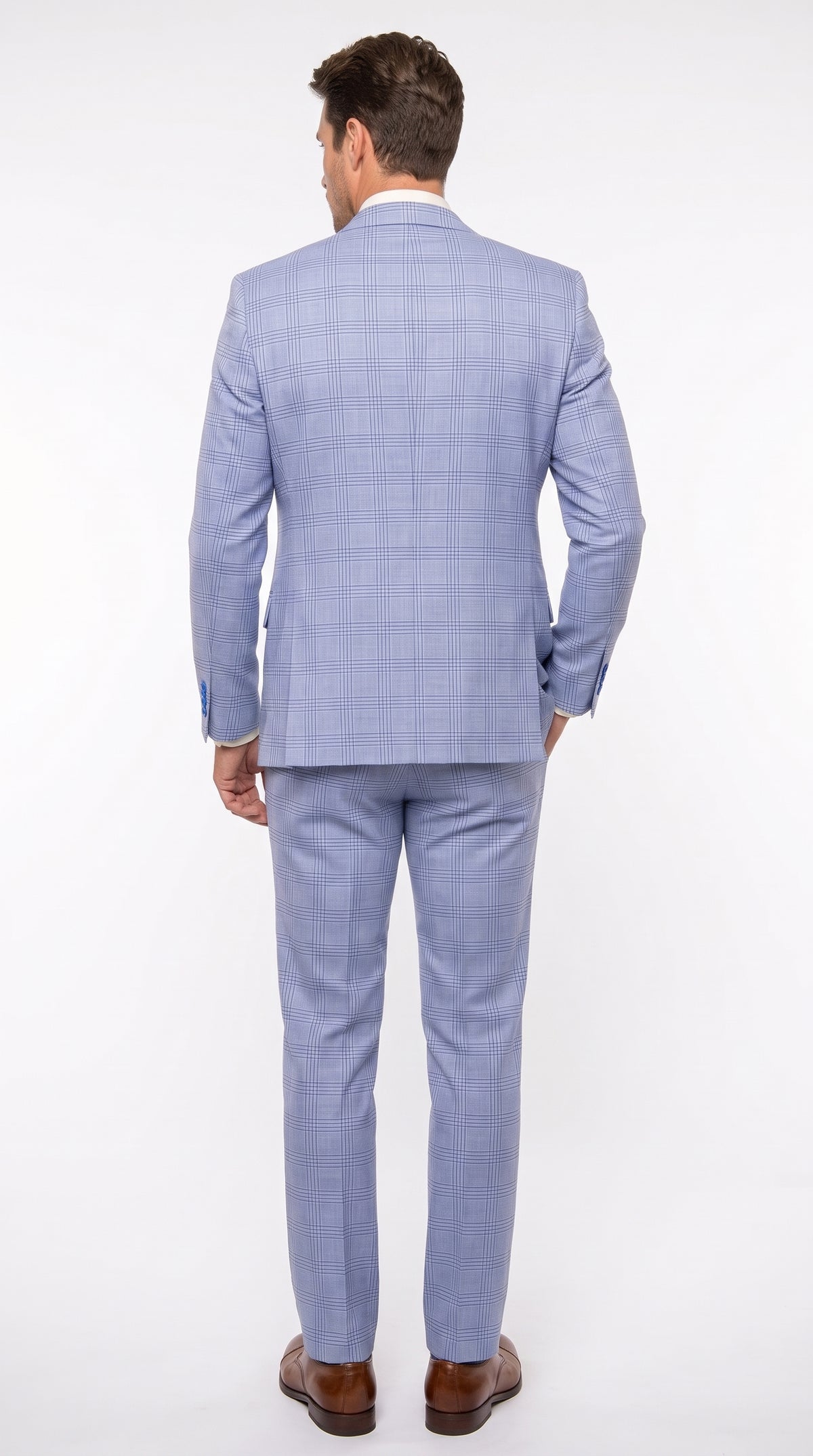 Men’s Sky Blue Glen Plaid 3 Piece Suit SV2W6, Windowpane Checkered Vested Formal Wedding Prom Suit