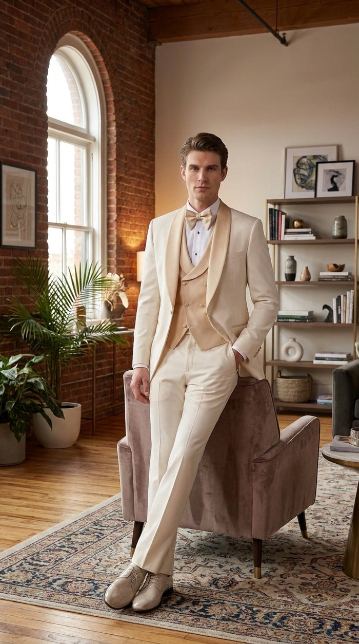 Men’s Champagne Cream Ivory Suit, Off White Formal Wedding Groom Tuxedo Suit