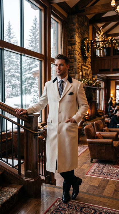 Men’s Winter White Chesterfield Overcoat, Wool and Cashmere Full Length Dress Coat