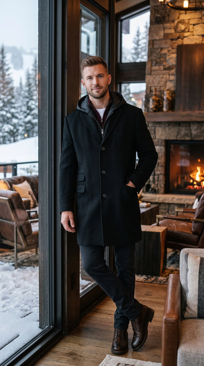 Men’s Black Hooded Overcoat, Formal Topcoat with Removable Hoodie Style