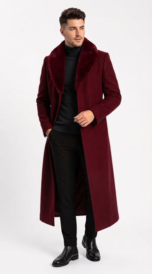 Men’s Burgundy Wool Overcoat, Maroon Long Winter Dress Topcoat with Fur-Style Collar