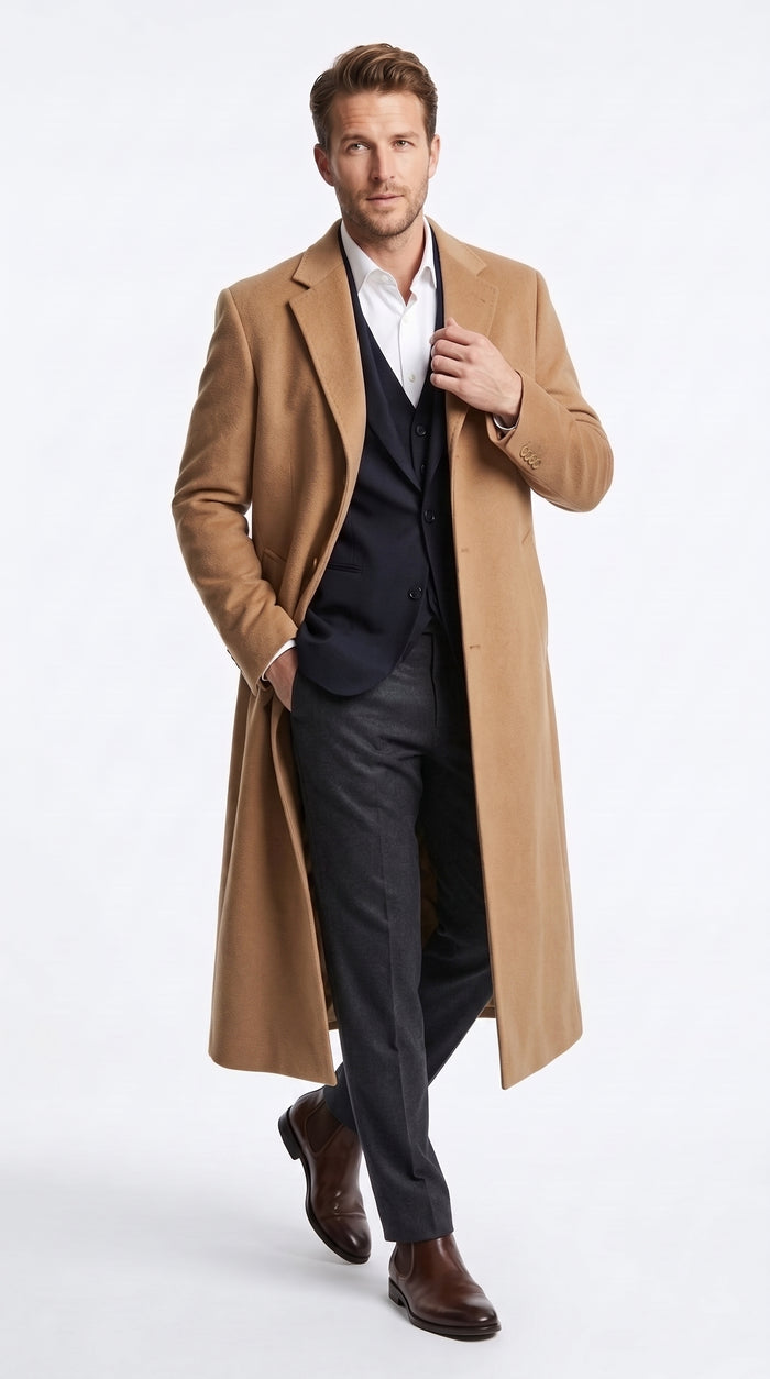 Men’s Camel Cashmere Winter Topcoat, Full Length Dress Overcoat