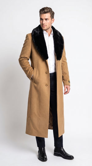 Men’s Camel Wool Full-Length Top Coat with Black Fur Collar – Classic Winter Overcoat