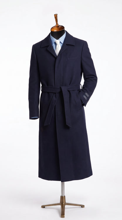 Men's Navy Blue Full Length Belted Overcoat – Classic Long Winter Dress Coat with Waist Belt