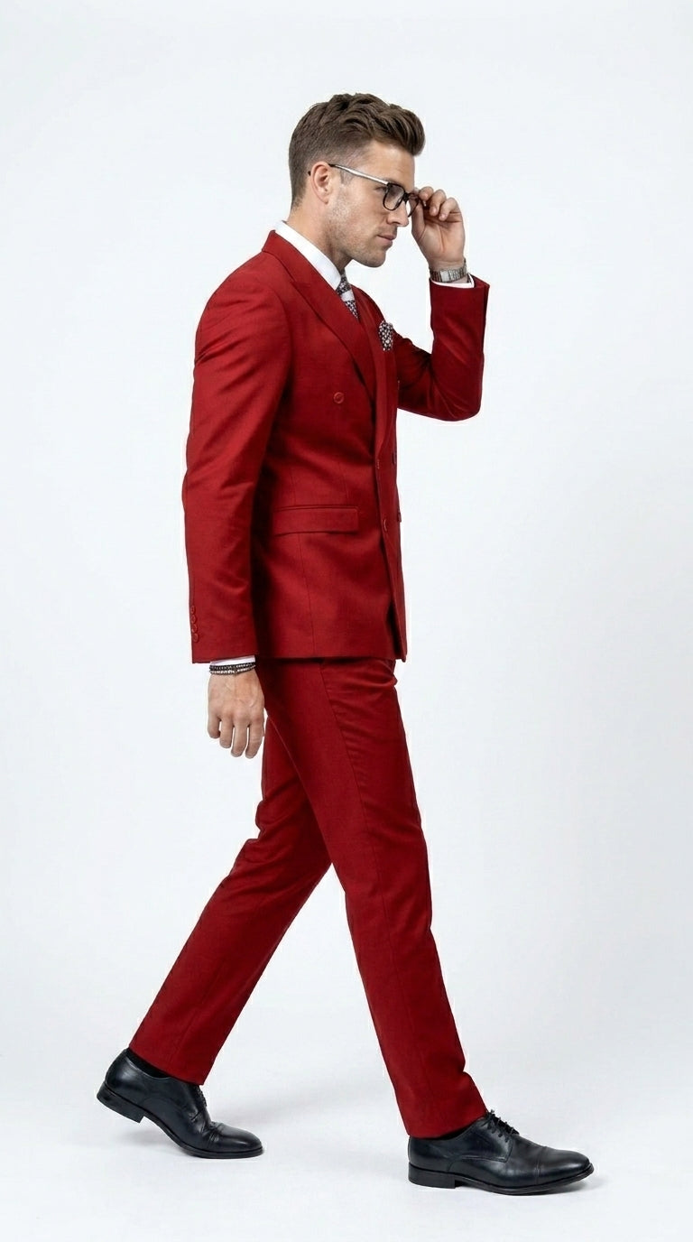 Men’s Modern Double Breasted Peak Lapel Suit – Red by EJ Samuel