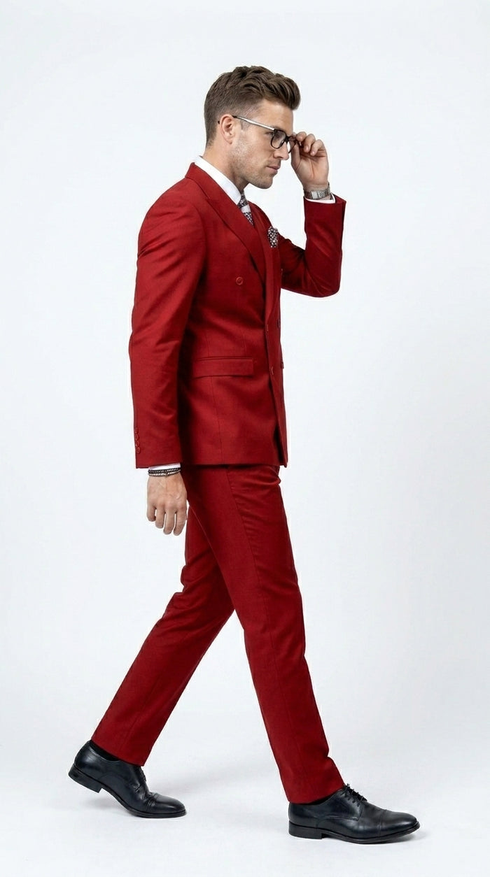 Men’s Modern Double Breasted Peak Lapel Suit – Red by EJ Samuel